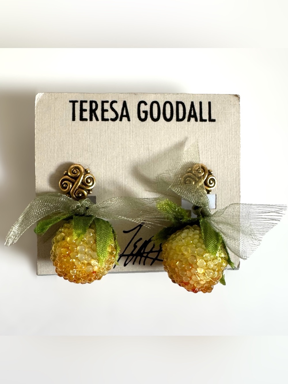 Vtg Teresa Goodall Beaded Fruit Earrings Botanical Art To Wear Whimsical Lemon